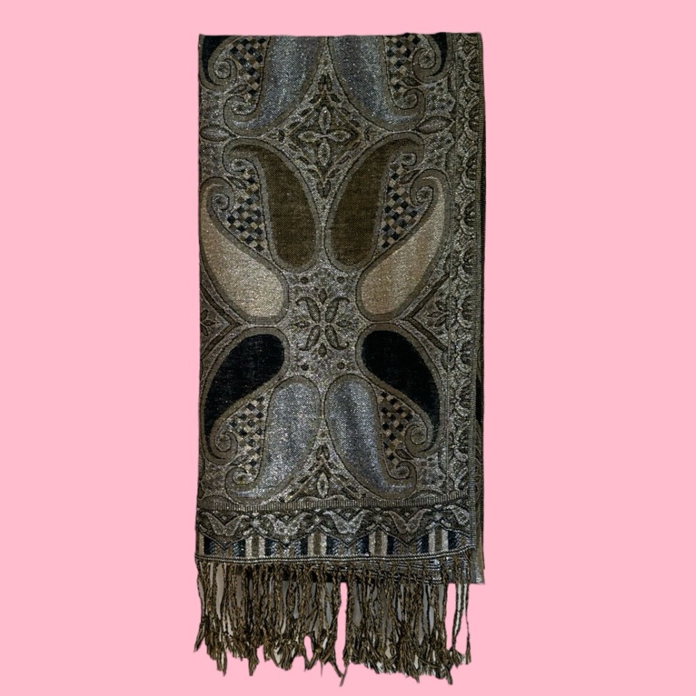 PAISLEY‎ BLACK GOLD METALLIC SILVER SCARF EVENING WRAP